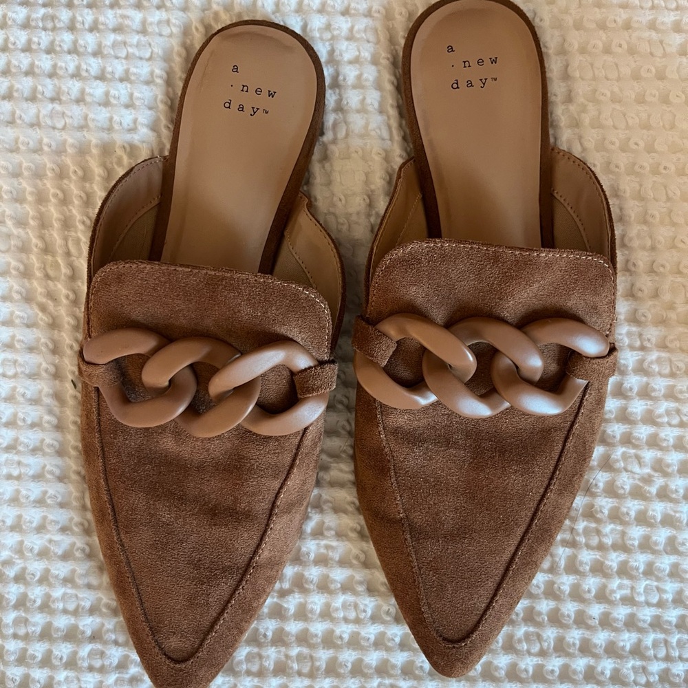 A New Day Women's Suede Brown Mules with Chain Detail